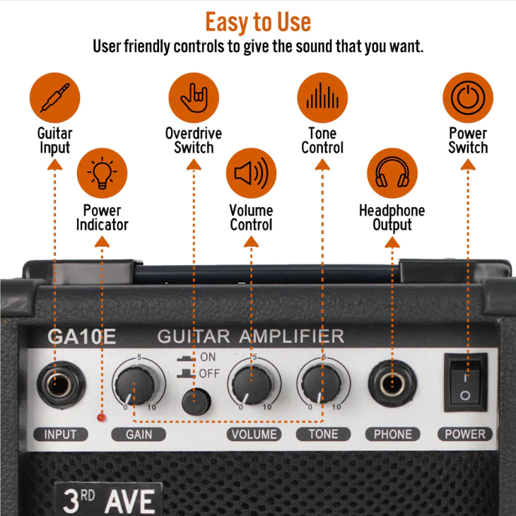 X-3rd Avenue 10W Electric Guitar Amplifier – Portable Practice Amp with Overdrive & Headphone Output