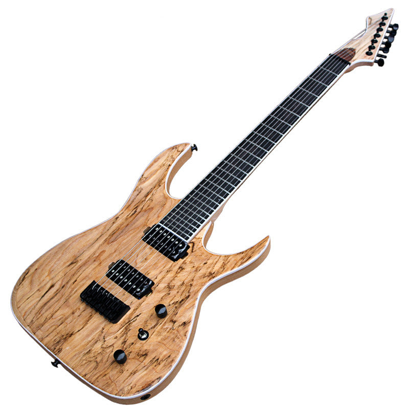 wooden natural finish 7-string Electric guitar with a wooden finish on a white background. From wooden bridge to the headstock of the 7-string electric guitar is shown on the picture, which is availbale for sale in both Sydney, Melbourne in Australia.