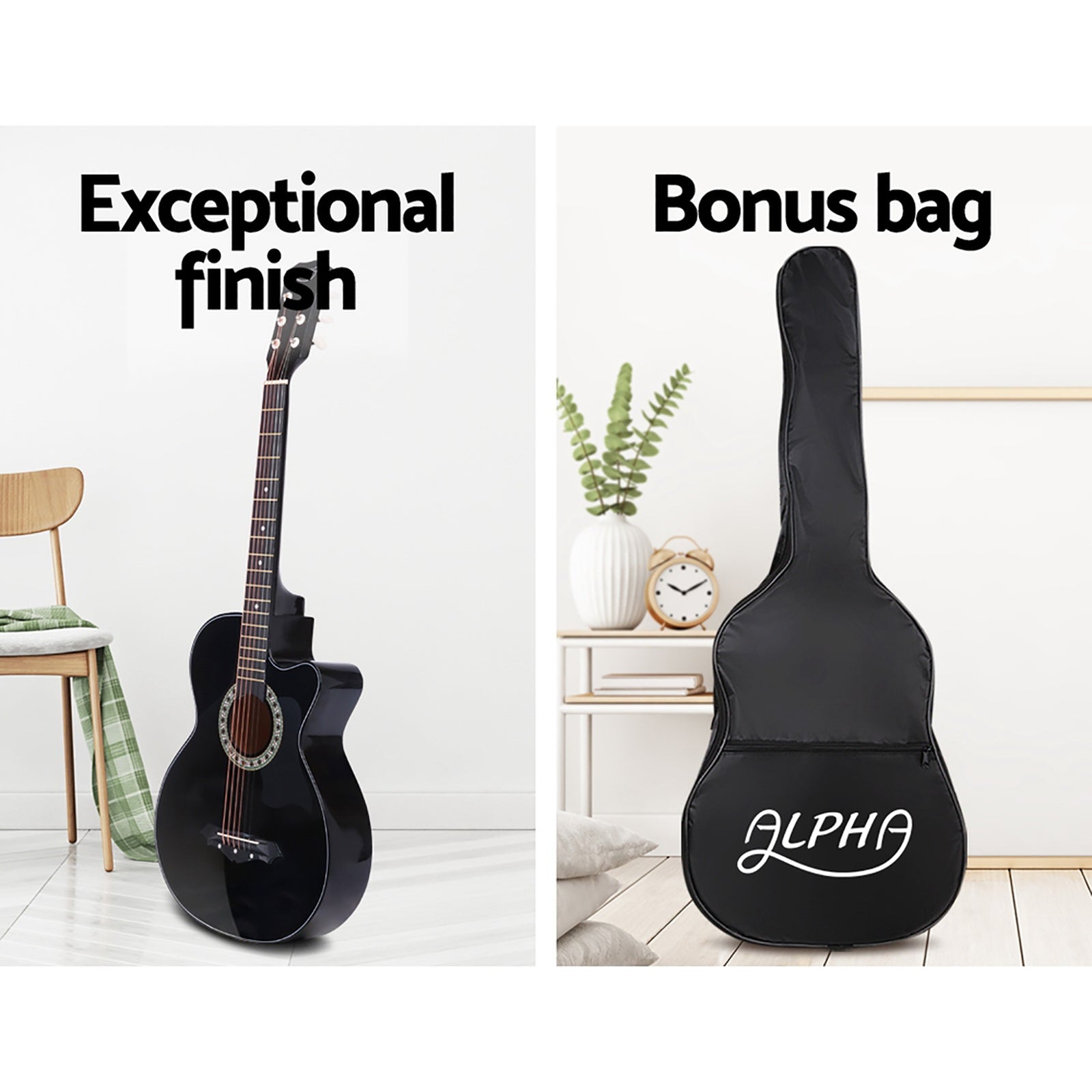 X-Alpha Classic 38" Acoustic Guitar – Full-Size Steel String with Stand & Accessories (Black)