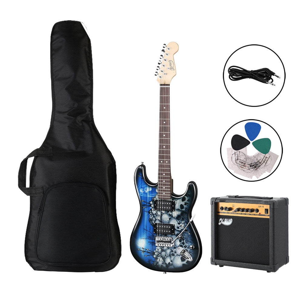 Blue electric guitar with black case, amplifier, and accessories on a white background