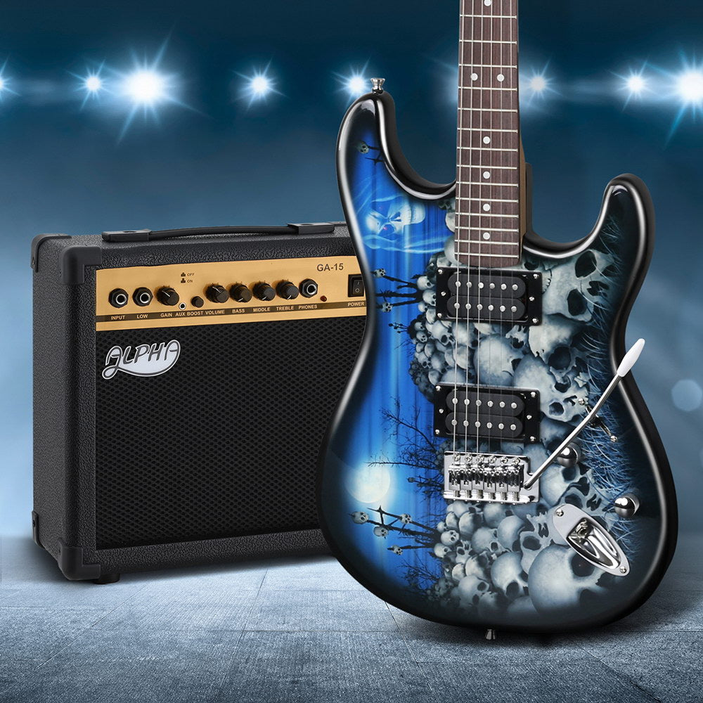 -Alpha Beginner Electric Guitar Pack with 20W Amp – Cheap Strat-Style, Blue