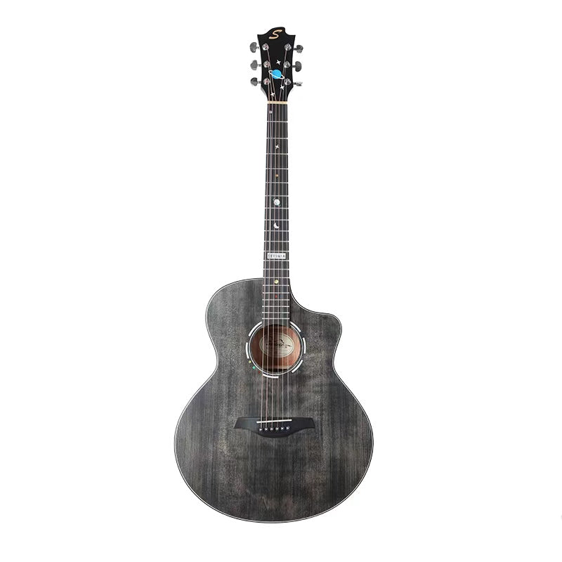 Acoustic guitar with a dark wood finish on a white background