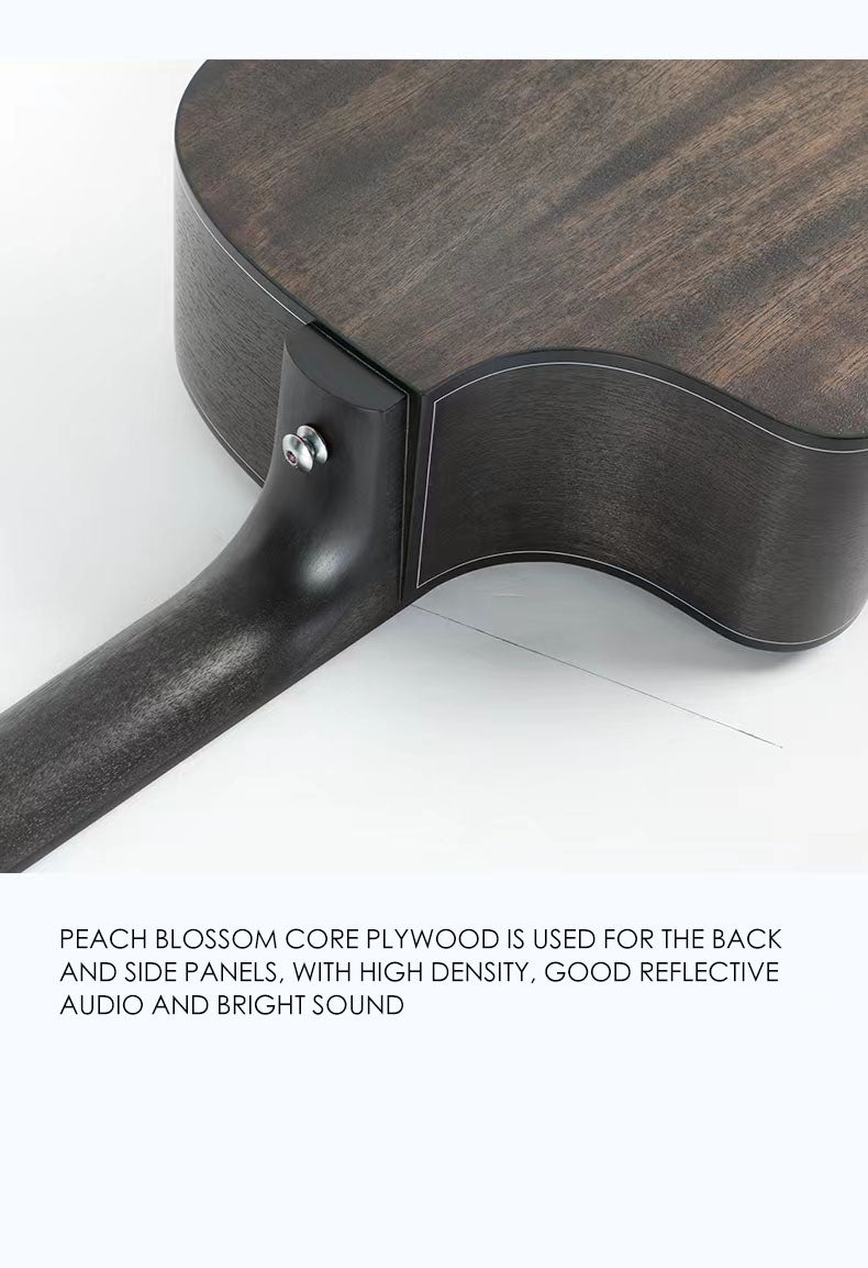 Wooden guitar body with text about peach blossom core plywood