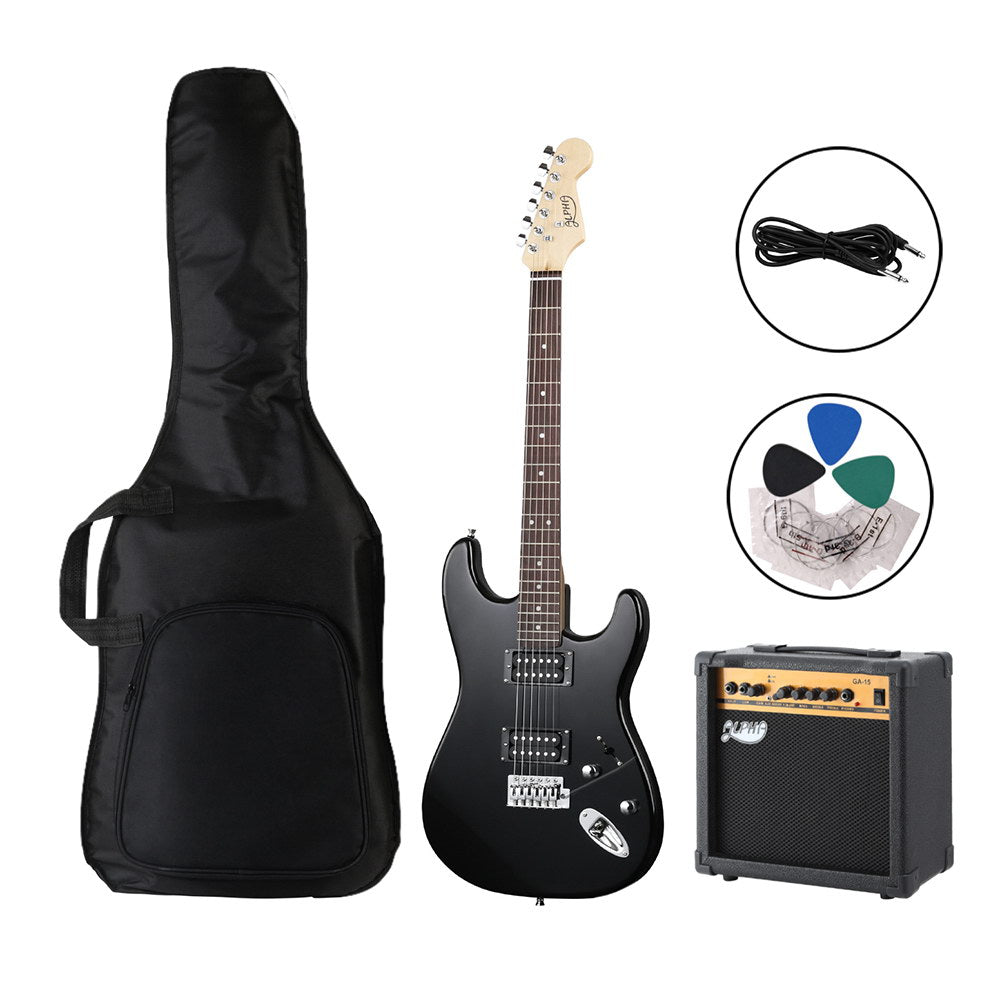 Black electric guitar with accessories including a case, cable, and amplifier on a white background.