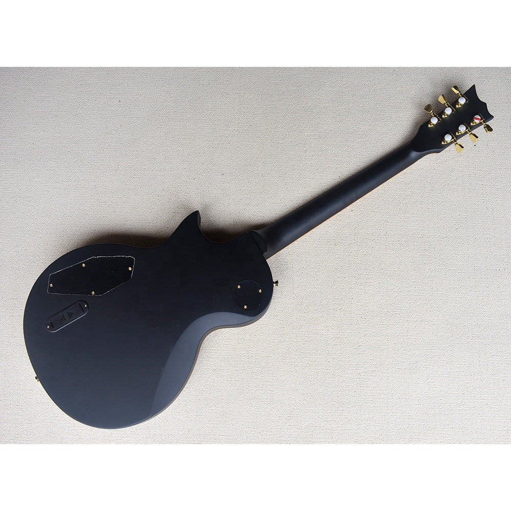Black electric guitar on a light gray textured surface, avaialble australia-wide with fast delivery