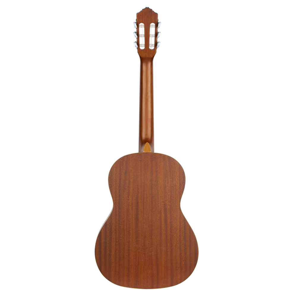 Back View of a Wooden classical guitar by Ortega on a white background