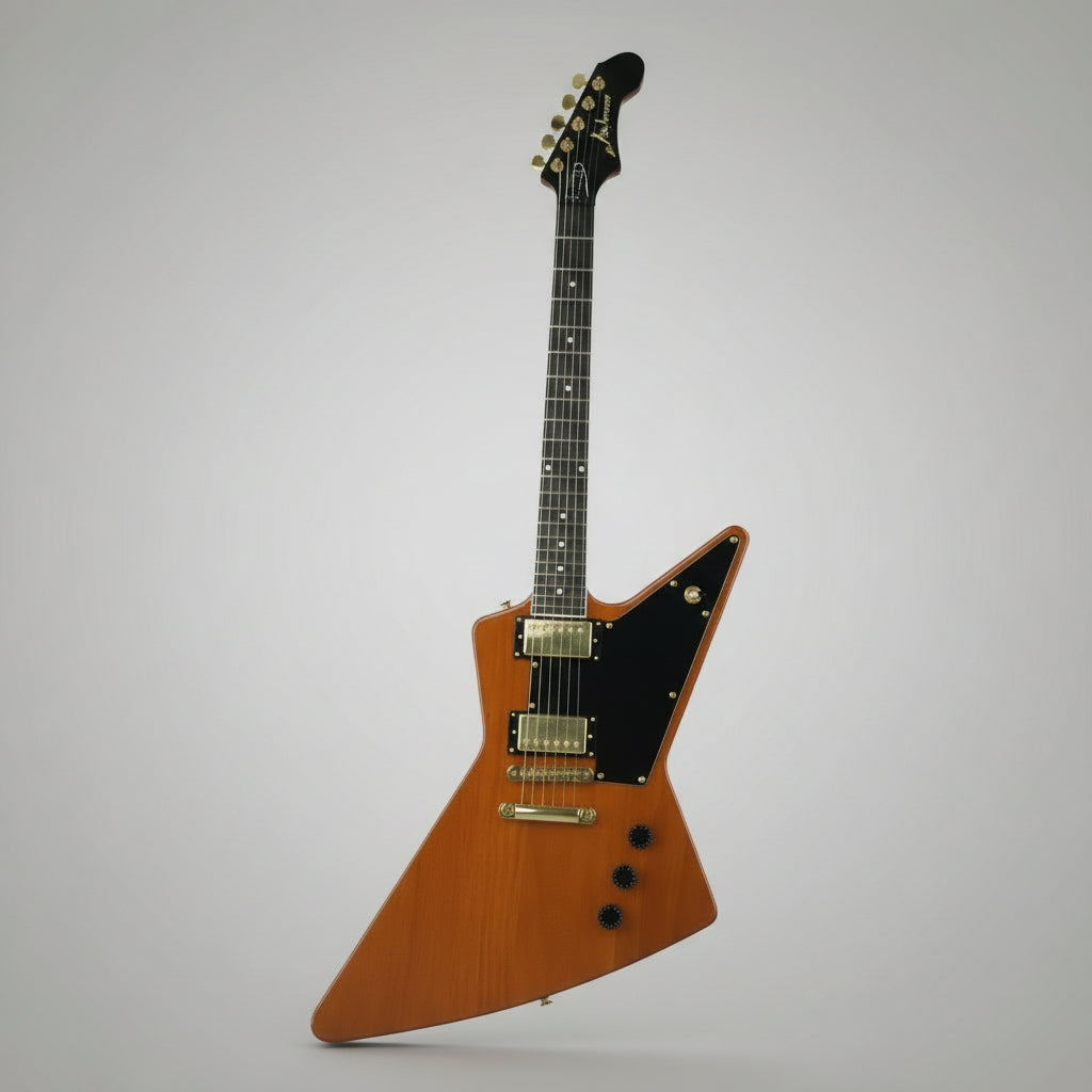 wooden electric guitar shown upright on a neutral white background