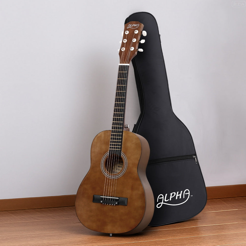 Acoustic guitar with a black case on a wooden floor against a white wall
