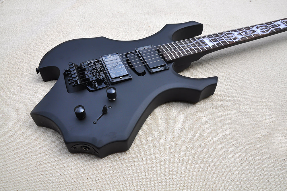 Picture of a matte black rockstar type electric guitar body shown on a cream-grey carpet thats in sale in Melbourne Australia online. 
