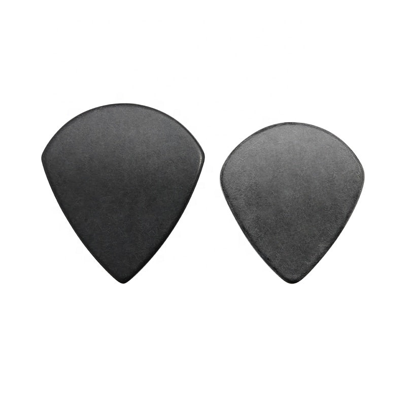 Two black electric, acoustic guitar picks shown on a white background