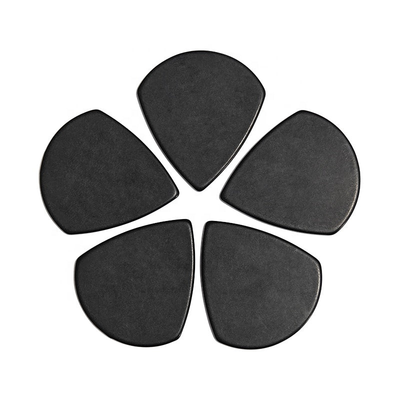 Five black guitar picks arranged in a star pattern on a white background. best guitar picks for acoustic, electric or bass guitar players.
