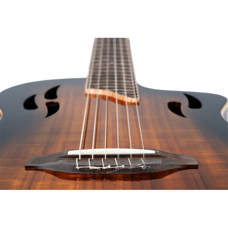 Laurel fretboard close-up on electric nylon guitar available online in Australia
