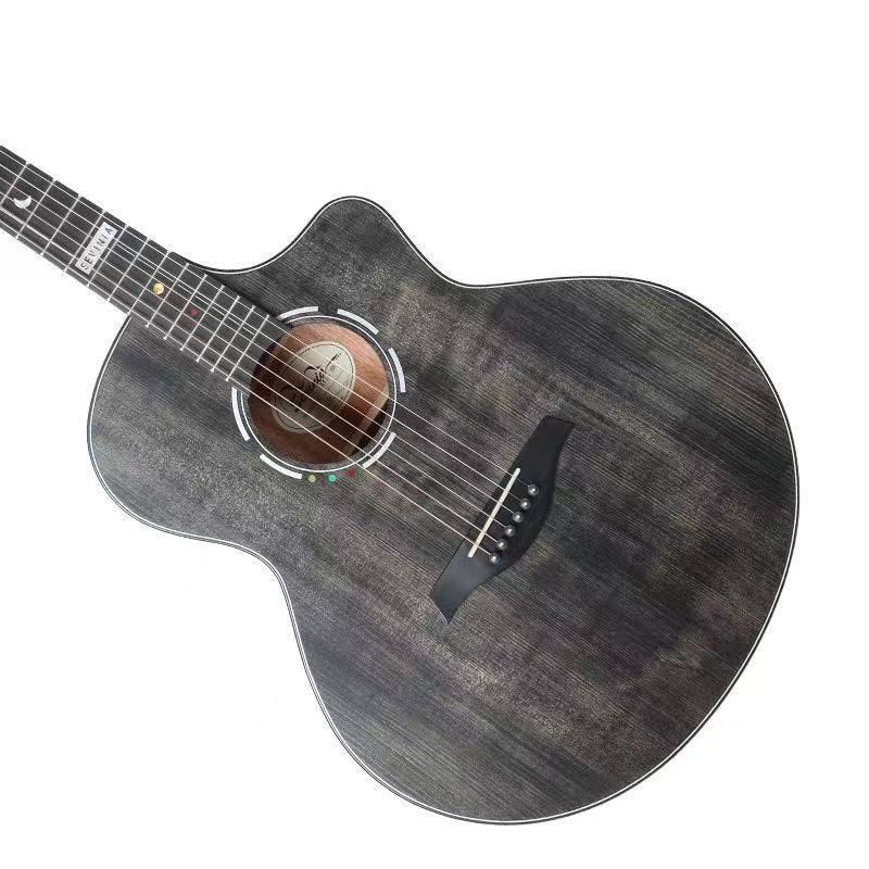 Acoustic guitar with a dark wood finish on a white background