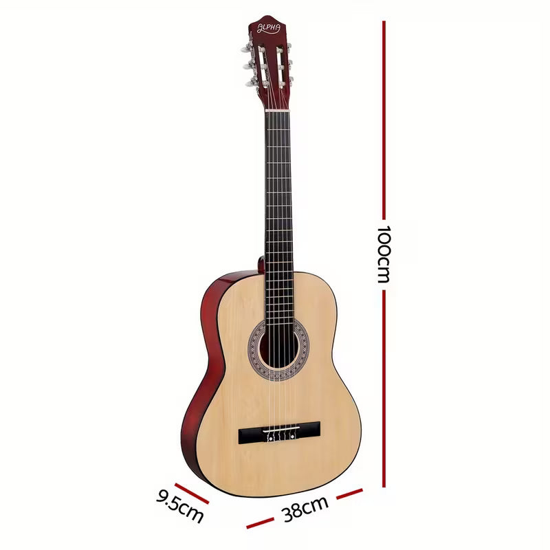 cheap classical guitar shown with measurements aprroximately how big it will be. best guitar for any beginners wanting to start out. 