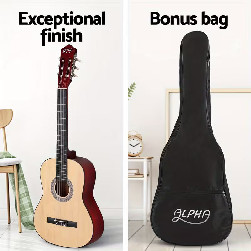 the beginner classical guitar is shown with a bag side by side, on a living room background.