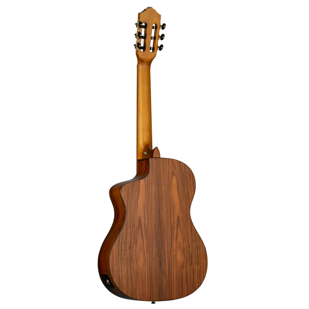 Cutaway classical guitar side profile showing slim body and premium wood build