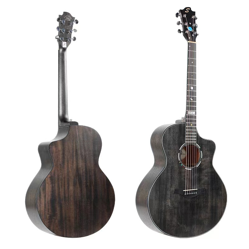 Two acoustic guitars with a dark wood finish on a white background