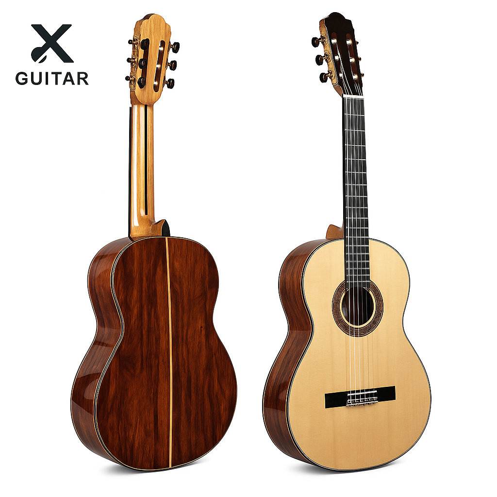 Two acoustic guitars, one brown and one beige, on a white background with 'X Guitar' logo.