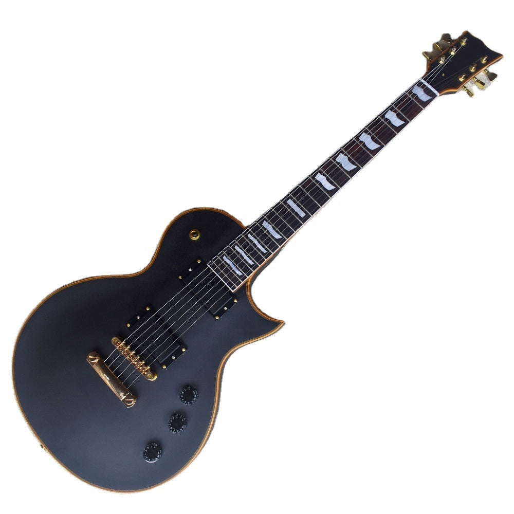 Full body black electric guitar solid mahogany Australia shown a white background with studio lighting
