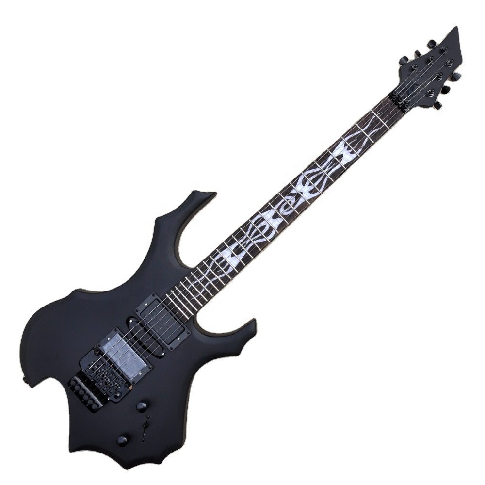 Black rock-star style electric guitar with white patterns on the neck against a white background