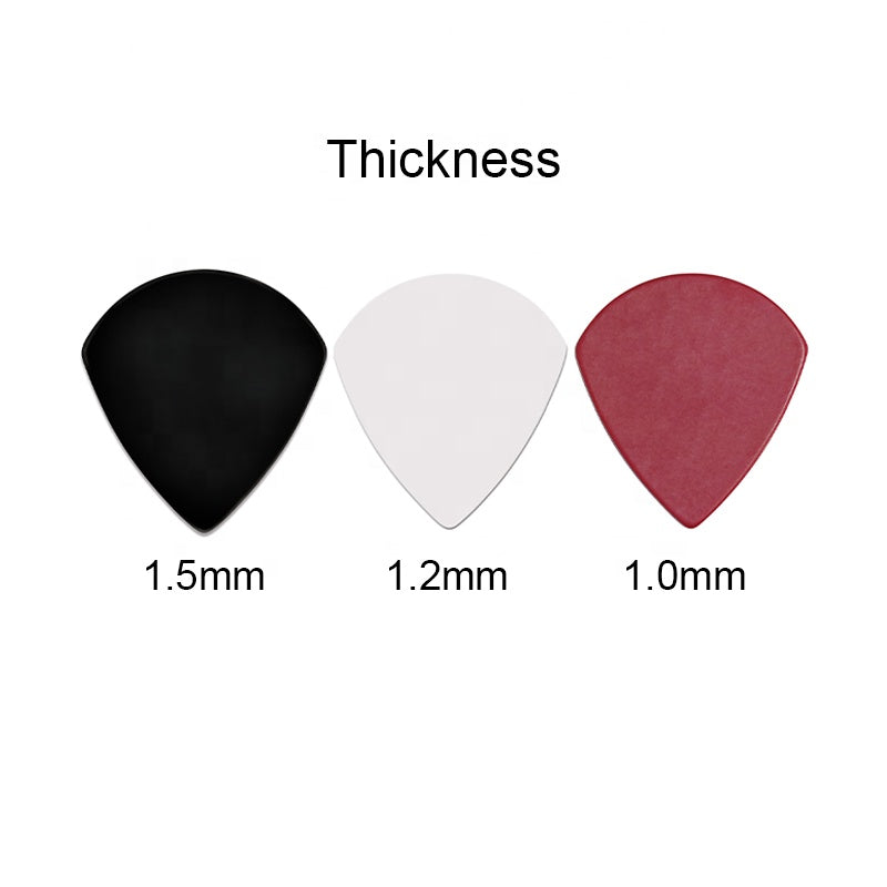 Three guitar picks of different thicknesses labeled on a white background. 99 pack delrin jazz 3 guitar picks thick matte finish for acoustic and electric guitar players