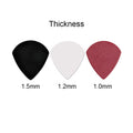 Three guitar picks of different thicknesses labeled on a white background. 99 pack delrin jazz 3 guitar picks thick matte finish for acoustic and electric guitar players
