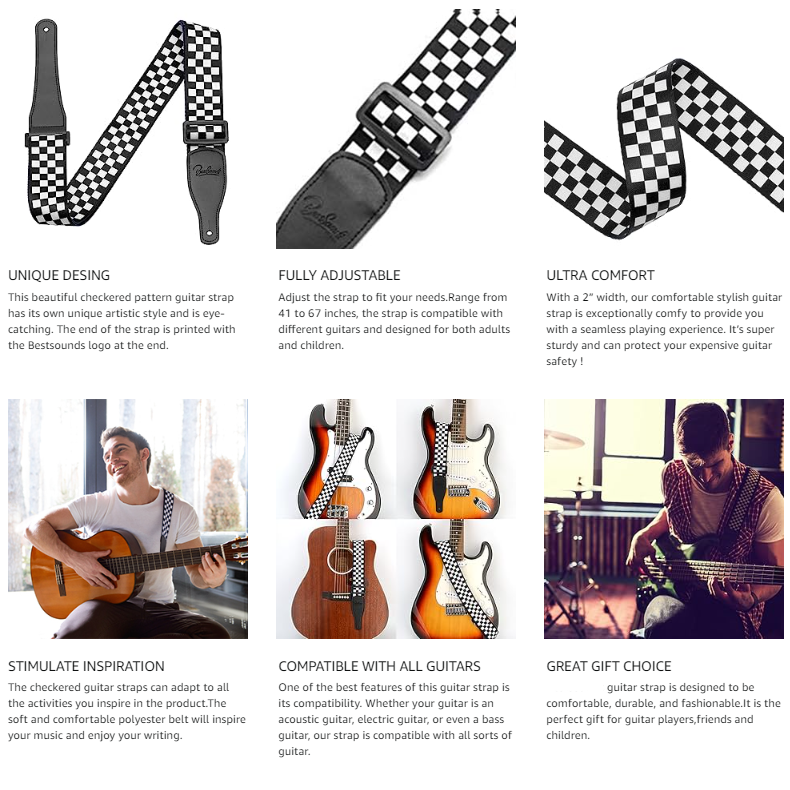 X-RaceCheck Guitar Strap – Black & White Checker Adjustable Strap (Acoustic, Electric, Bass)