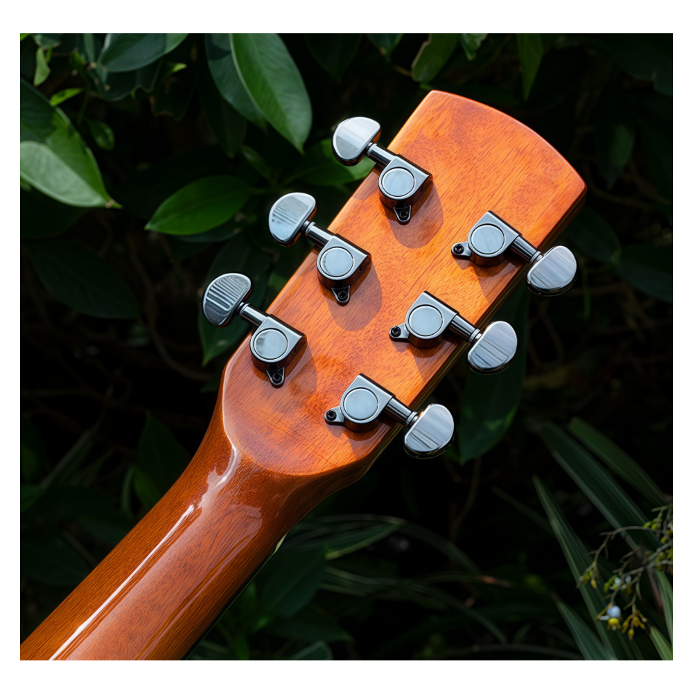 Close-up of a guitar headstock with tuning pegs against a natural background