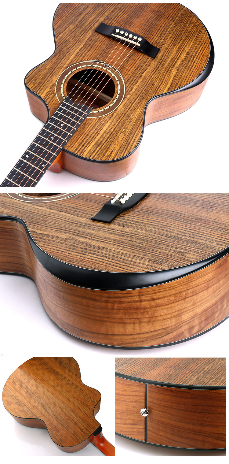 Collage of a wooden acoustic guitar with close-up details on a white background
