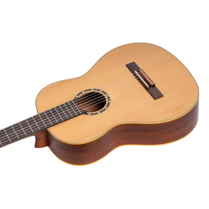 Angled view of left-handed classical guitar neck and body with nylon strings, Sydney classical guitar
