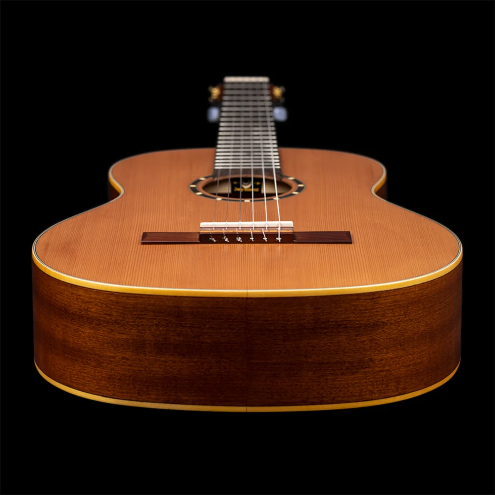Side body detail of left-handed classical guitar showing mahogany sides and satin finish, Sydney classical guitar
