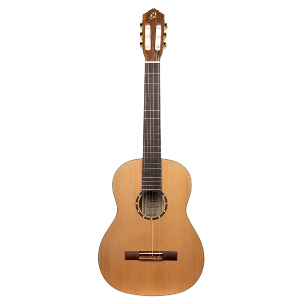 Left-handed classical guitar front view showing natural finish and nylon strings, Sydney stock

