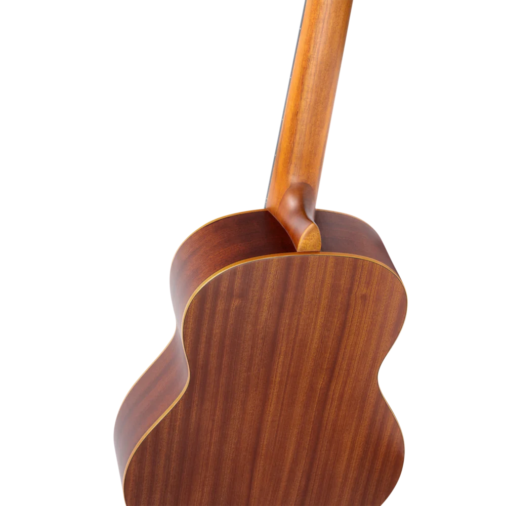 Full back view of left-handed classical guitar with mahogany construction, Sydney next-day delivery
