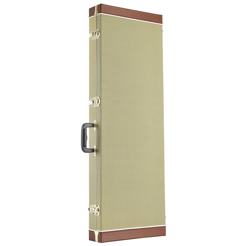 Beige premium guitar case with brown corners on a white background
