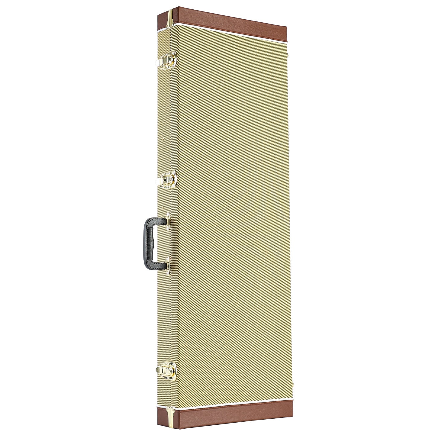 Beige premium guitar case with brown corners on a white background