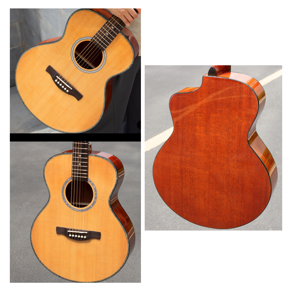 Collage of a wooden spruce top acoustic guitar from different angles on a gray background.