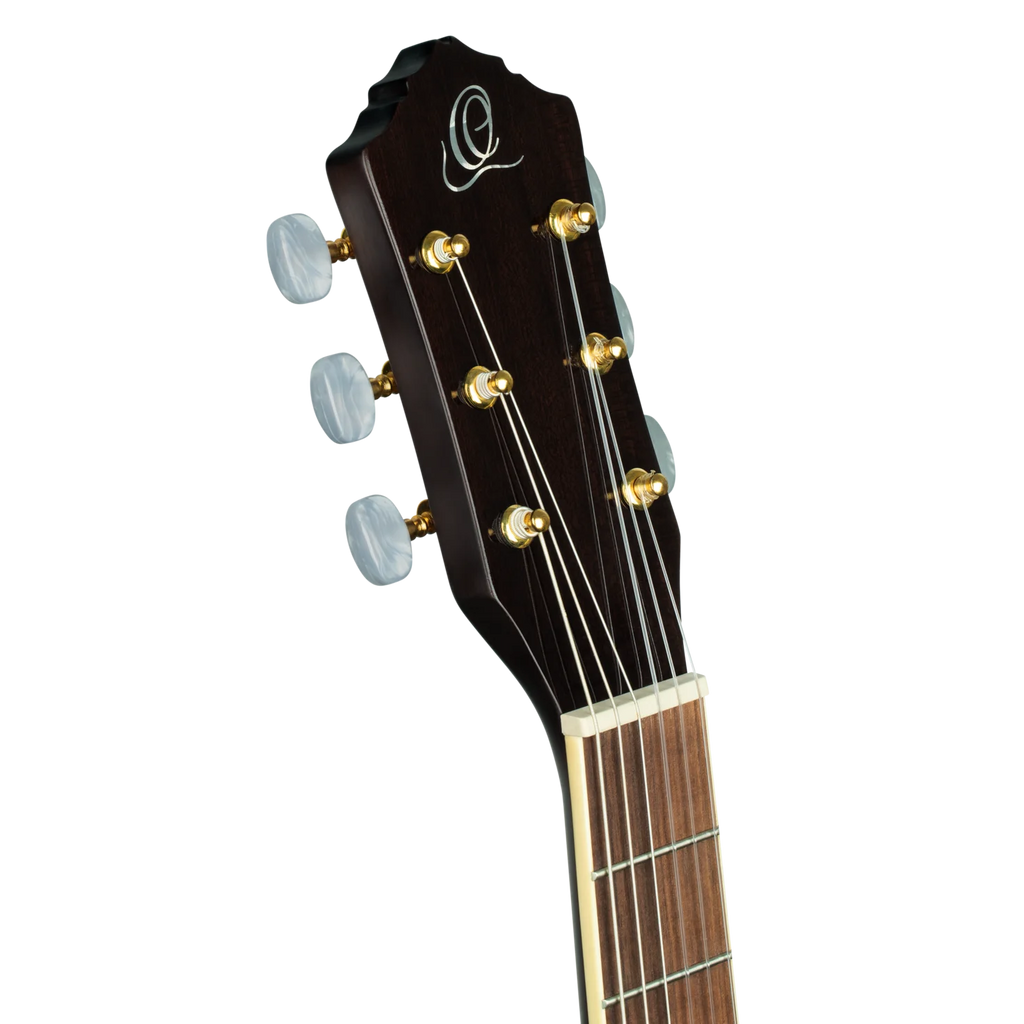 Close-up of a guitar headstock with tuning pegs on a white background
