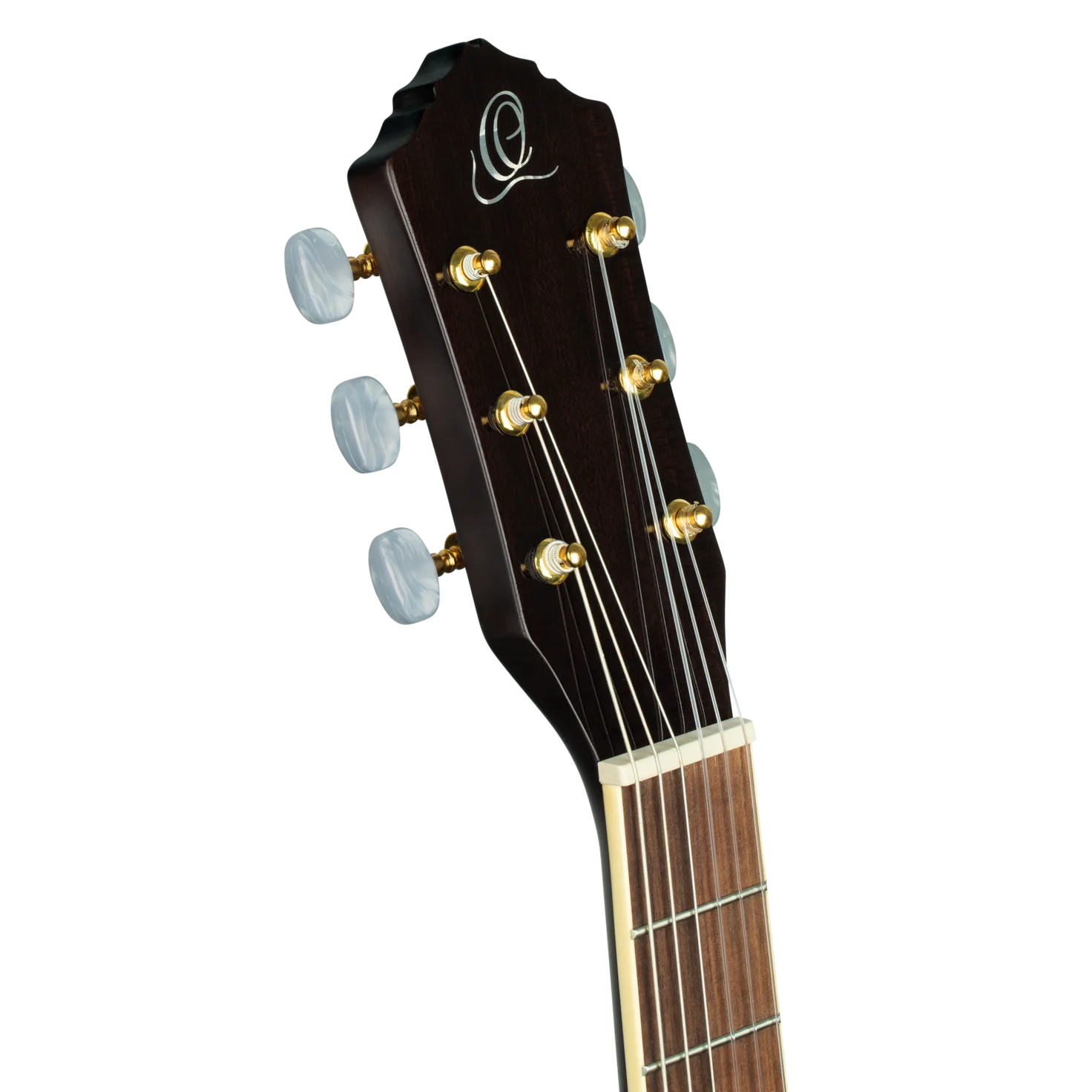 Close-up of a guitar headstock with tuning pegs on a white background