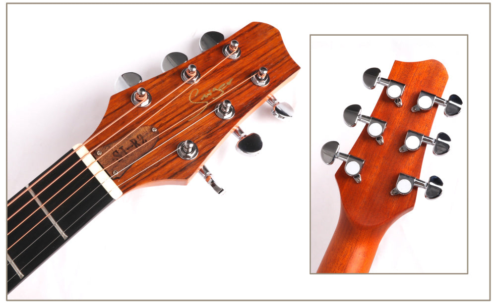 Close-up of a guitar headstock with tuning pegs on a white background