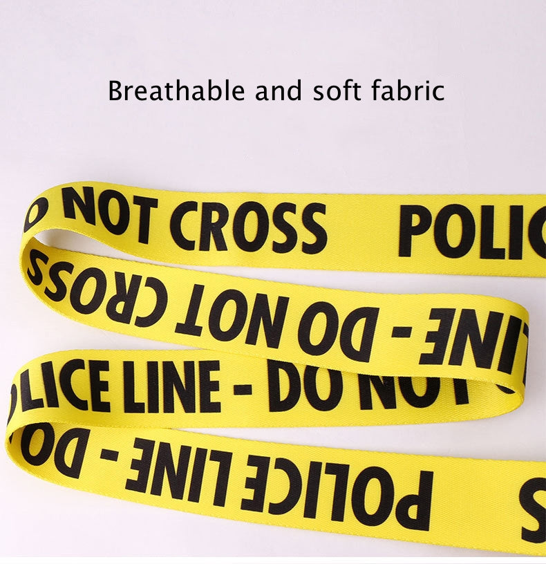 Close-up of yellow Police Line guitar strap — durable electric guitar strap sold by Australian guitar stores online.