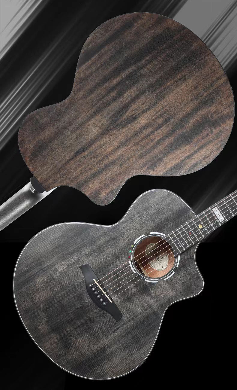 charcoal brown Acoustic guitar with a dark wood finish on a black background
