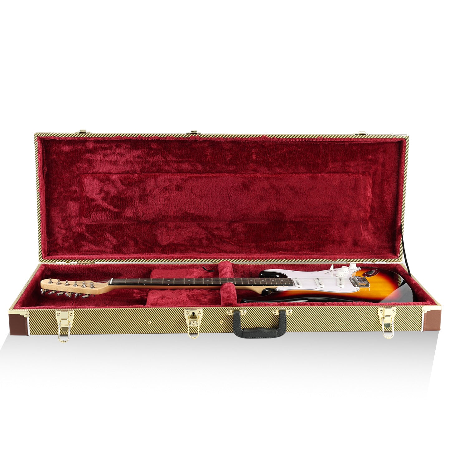 Guitar case with a guitar inside on a white background