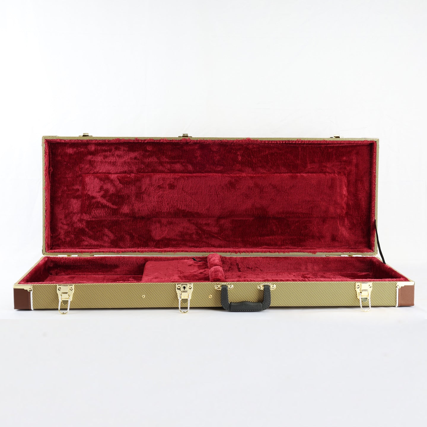Open guitar case with red interior and gold exterior on a white background