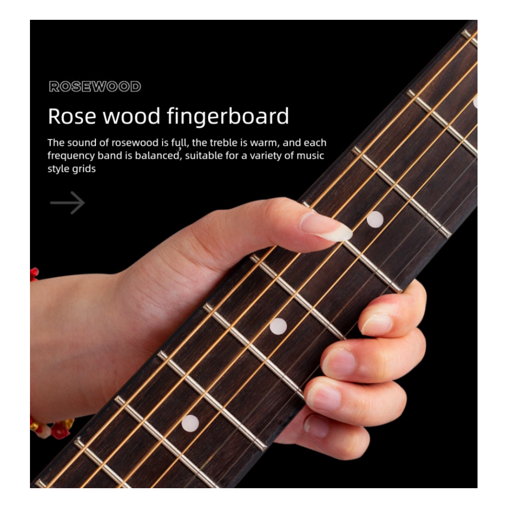Hand playing a guitar with a rosewood fingerboard on a black background