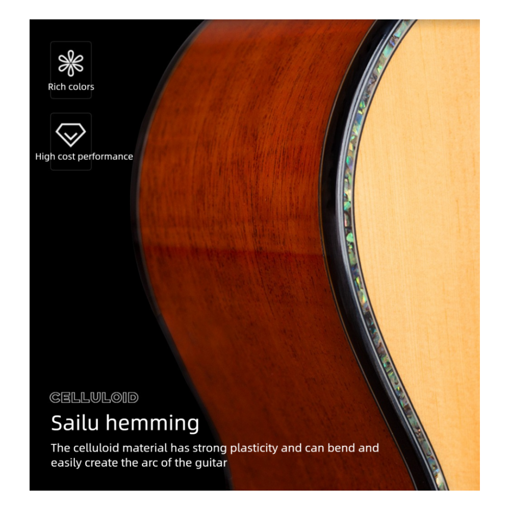 Close-up of a guitar with celluloid finish and text about its properties.