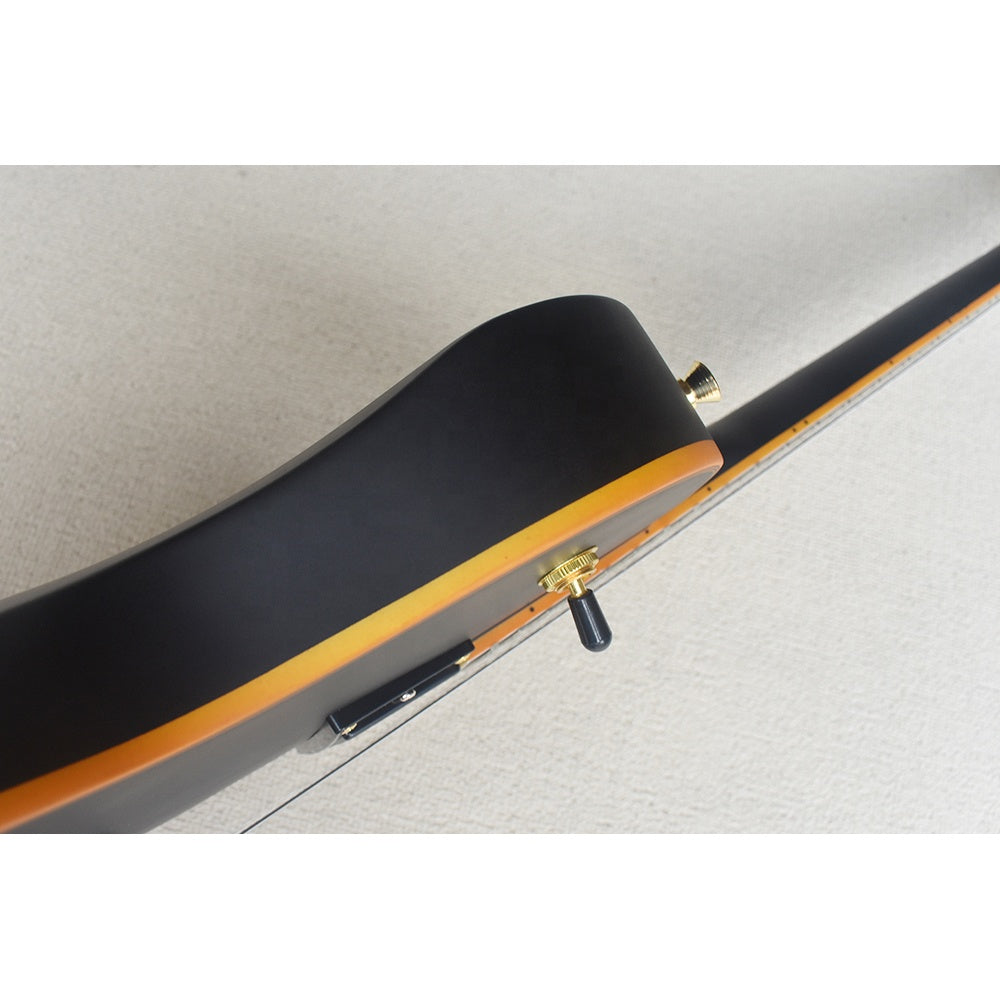 Side view matte black electric guitar Australia , on  a light grey surface. 