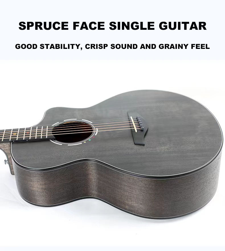 Spruce face single guitar on a white background with text describing its features.
