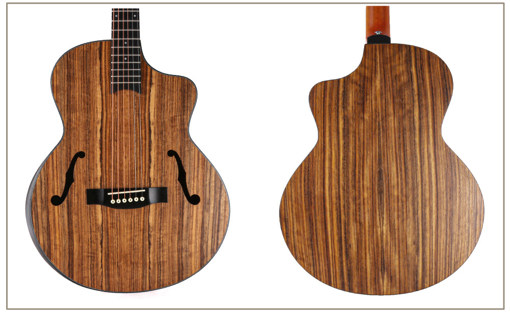 Wooden acoustic guitar shown from two angles on a white background