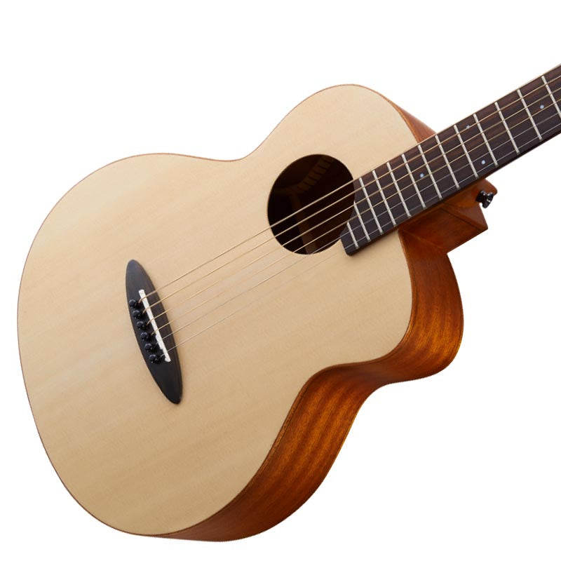 Acoustic guitar with a wooden body and neck on a white background