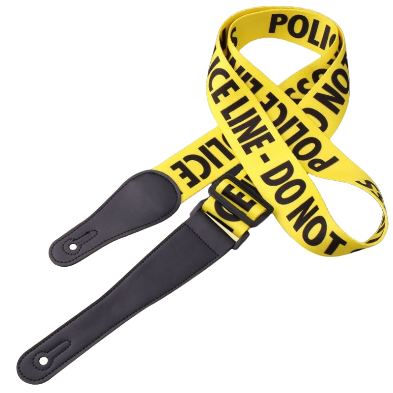 Coiled yellow Police Line guitar strap — premium adjustable guitar accessory for acoustic and electric guitars.